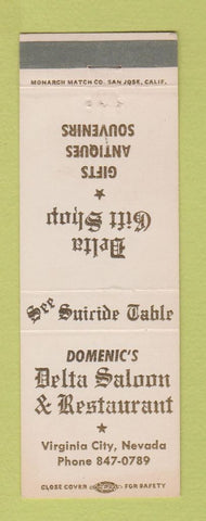 Matchbook Cover - Delta Saloon Virginia City VA casino Suicide Table globe