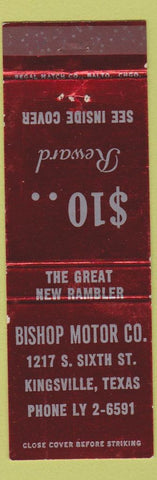 Matchbook Cover - Bishop Motors Rambler Kingsville TX