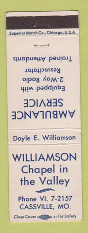 Matchbook Cover - Williamson Chapel Funeral Home Ambulance Cassville MO