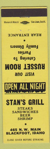 Matchbook Cover - Stan's Grill Russet Room Blackfoot ID yellow