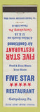 Matchbook Cover - Five Star Restaurant Gettysburg PA