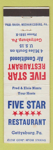 Matchbook Cover - Five Star Restaurant Gettysburg PA