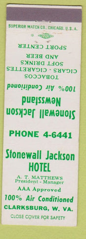 Matchbook Cover - Stonewall Jackson Hotel Clarksburg WV