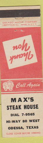 Matchbook Cover - Max's Steak House Odessa TX