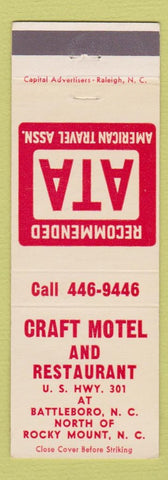 Matchbook Cover - Craft Motel Restaurant Battleboro NC