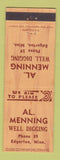 Matchbook Cover - Al Menning Well Drilling Digging Edgerton MN low phone #