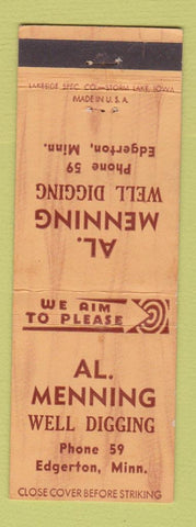 Matchbook Cover - Al Menning Well Drilling Digging Edgerton MN low phone #