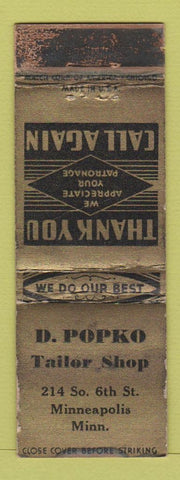 Matchbook Cover - D Popko Tailor Minneapolis MN POOR