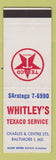 Matchbook Cover - Whitley's Texaco oil gas Baltimore MD SAMPLE