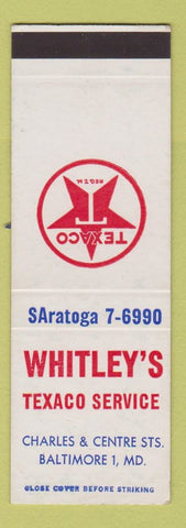 Matchbook Cover - Whitley's Texaco oil gas Baltimore MD SAMPLE
