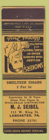Matchbook Cover - MJ Seibel Tobacco Cigars Smeltzer Lancaster PA