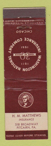 Matchbook Cover George Washington Insurance 1941 HM Matthews Pitcairn PA feature