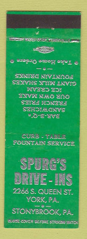 Matchbook Cover - Spurg's Drive Ins York PA