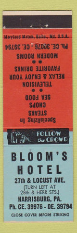 Matchbook Cover - Bloom's Hotel Harrisburg PA