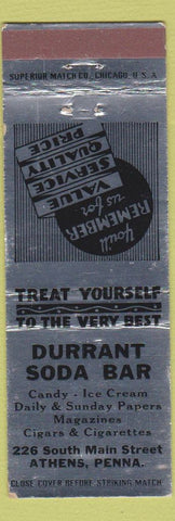 Matchbook Cover - Durrant Soda Bar Athens PA silver