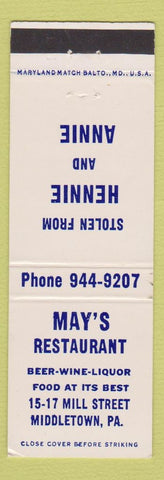 Matchbook Cover - May's Restaurant Middletown PA