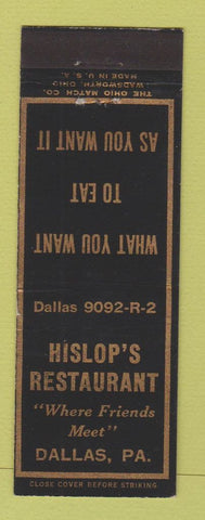 Matchbook Cover - Hislop's Restaurant Dallas PA