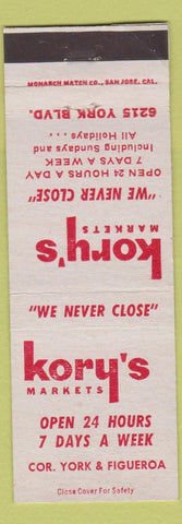 Matchbook Cover - Kory's Markets Los Angeles CA grocery