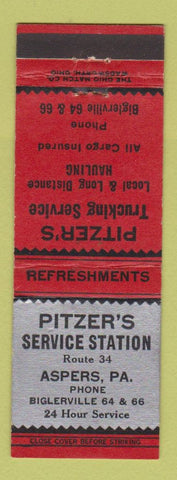 Matchbook Cover - Pitzer's Service oil gas Aspers PA low phone #
