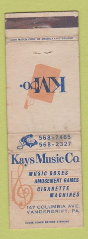 Matchbook Cover - Kays Music Boxes Juke Vending Amusement Vandergrift PA WORN