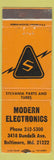 Matchbook Cover - Modern Electronics Baltimore MD Sylvania Parts Tubes