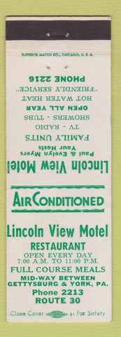 Matchbook Cover - Lincoln View Motel Gettysburg PA