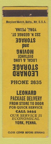 Matchbook Cover - Leonard Storage Moving Trucking York PA