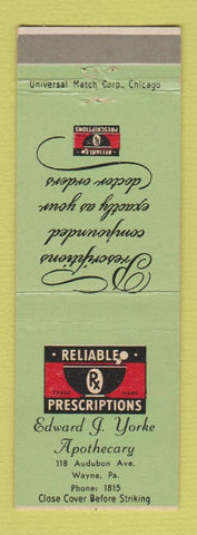 Matchbook Cover - Edward Yorke Apothecary Drug Wayne PA