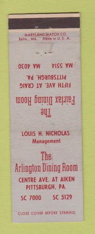 Matchbook Cover - Arlington Dining Room Fairfax Pittsburgh PA