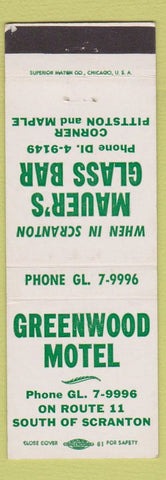 Matchbook Cover - Greenwood Motel Mauer's Galss Bar Scranton PA
