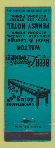 Matchbook Cover - Walton Hotel Lounge Altoona PA shuffleboard teal