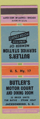 Matchbook Cover - Butler's Service oil gas Motel Jacksonboro SC