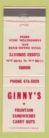 Matchbook Cover - Ginny's Fountain restaurant Farmington MI