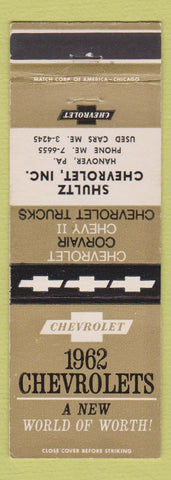 Matchbook Cover - 1962 Chevrolet Shultz Hanover PA Corvair