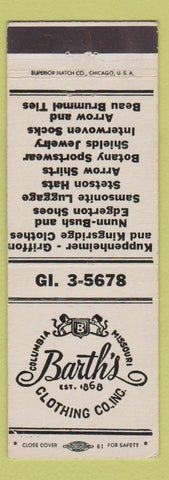 Matchbook Cover - Barth's Clothing Columbia MO