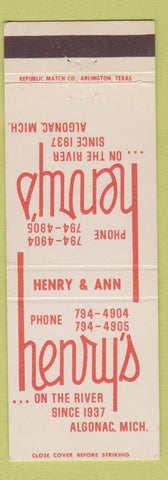 Matchbook Cover - Henry's Algonac MI