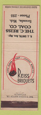 Matchbook Cover - Reiss Coal Briquets Escanaba MI low phone #