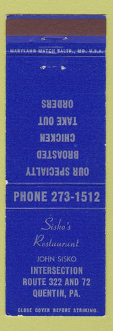 Matchbook Cover - Sisko's Restaurant Quentin PA