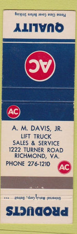 Matchbook Cover - AC Delco AM Davis Lift Truck Richmond VA