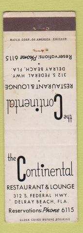 Matchbook Cover - Continental Restaurant Lounge Delray Beach FL
