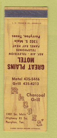 Matchbook Cover - Great Plains Motel Perryton TX Rhode's Grill