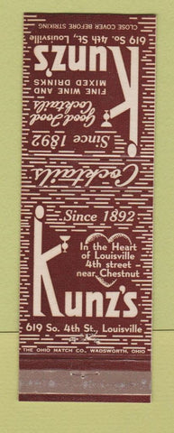 Matchbook Cover - Kunz's Restaurant Louisville KY