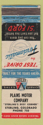 Matchbook Cover - Plains Motors Ford Sterling Colorado Low phone POOR
