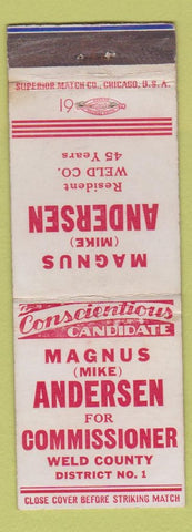 Matchbook Cover - Magnus Anderson Commissioner Election Weld County Colorado