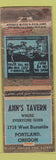 Matchbook Cover - Ann's Tavern Portland OR ADVANCE POOR