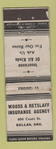 Matchbook Cover - Woods and Retslaff Insurance Dallas OR low phone WORN