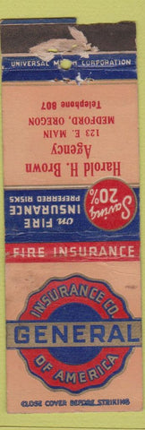 Matchbook Cover General Insurance Harold Brown Medford OR low phone POOR STRIKER