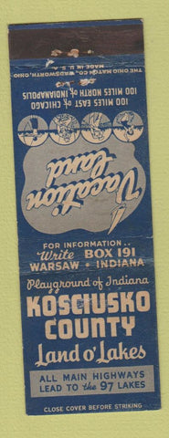 Matchbook Cover - Kosciusko County Land O Lakes Warsaw IN