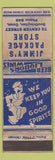 Matchbook Cover - Jimmy's Package Liquor Southington CT low phone WORN