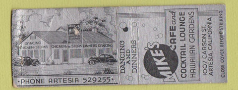 Matchbook Cover - Miek's Cafe Artesia CA BOBTAIL WORN CROWN?